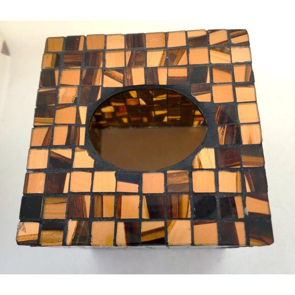 TISSUE BOX HOLDER/COVER-Glass Mosiac-Browns-Golds-Top Opening-5.5 x 6 in - Picture 3 of 10